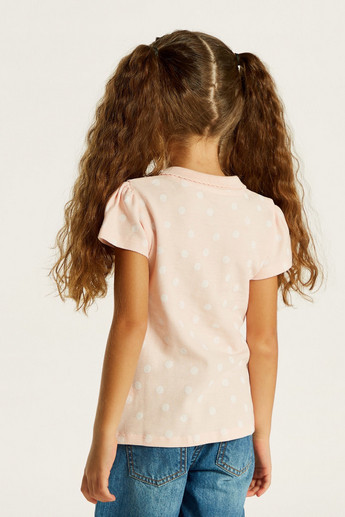 Juniors Polka Dot Print Polo T-shirt with Short Sleeves and Ruffle Detail
