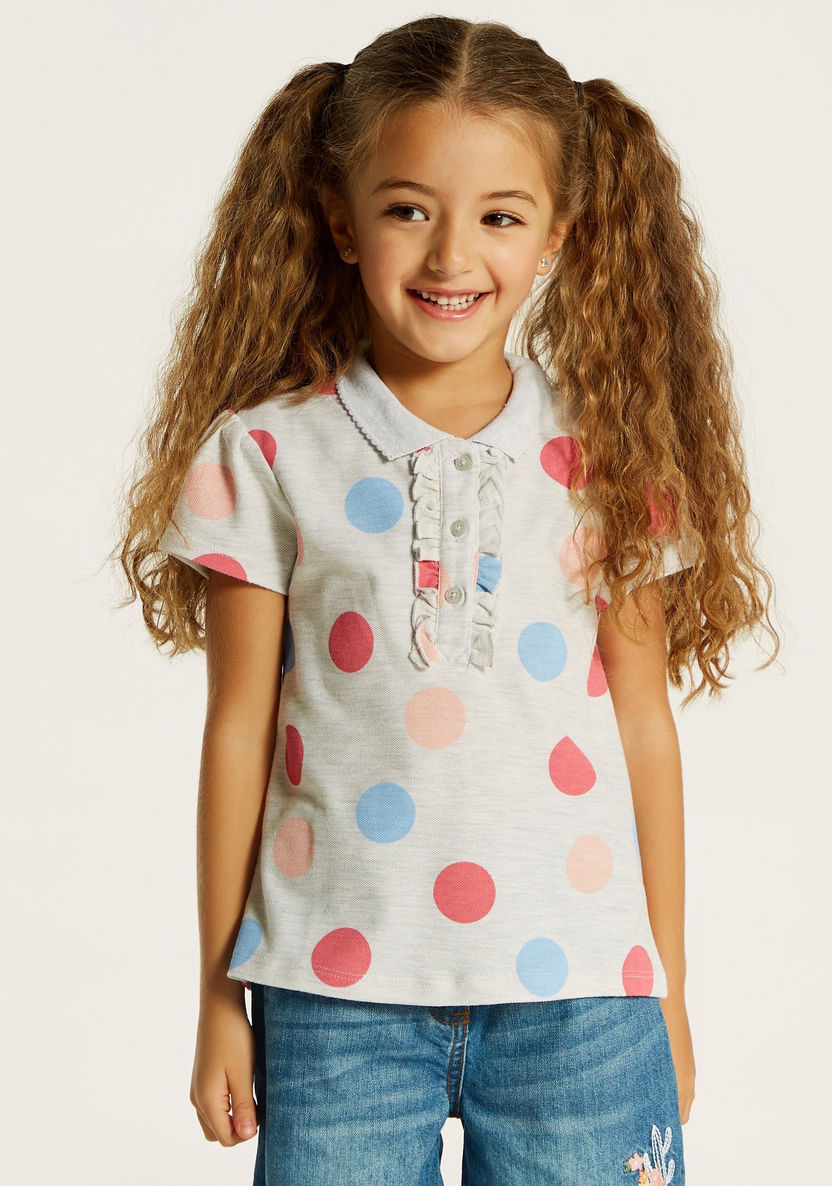 Juniors Polka Dot Polo T-shirt with Ruffles and Short Sleeves-T Shirts-image-2