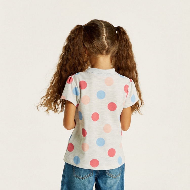Juniors Polka Dot Polo T-shirt with Ruffles and Short Sleeves
