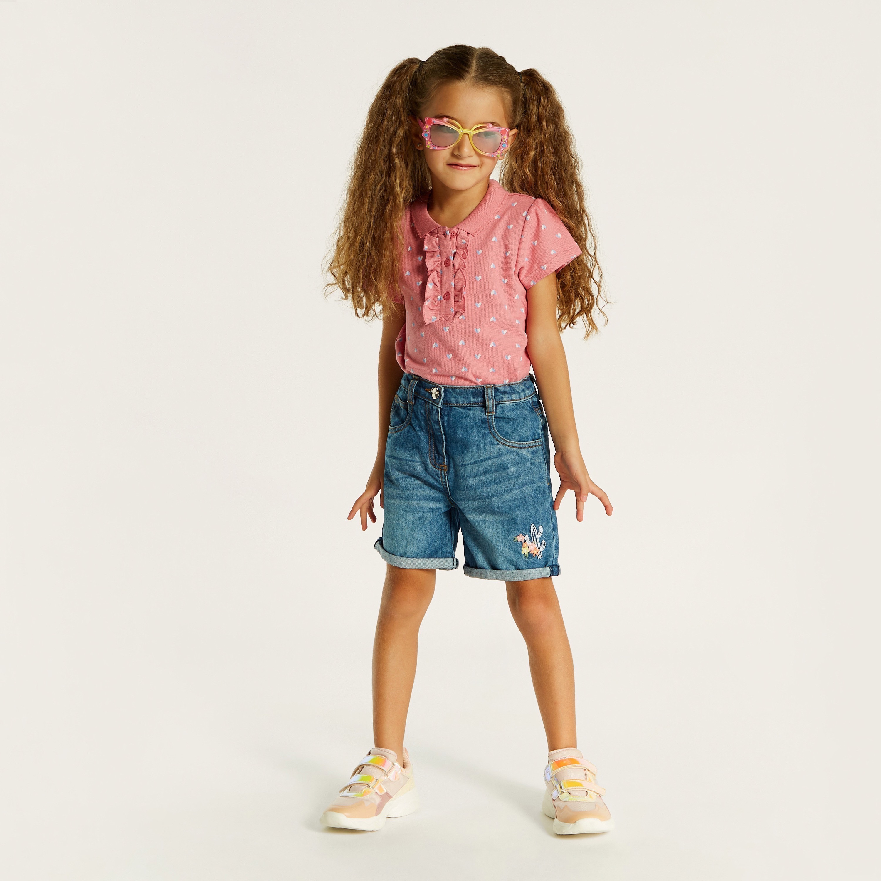 Juniors Heart Print Polo T-shirt with Short Sleeves and Ruffle Detail-girls-clothing-tshirts-image-1