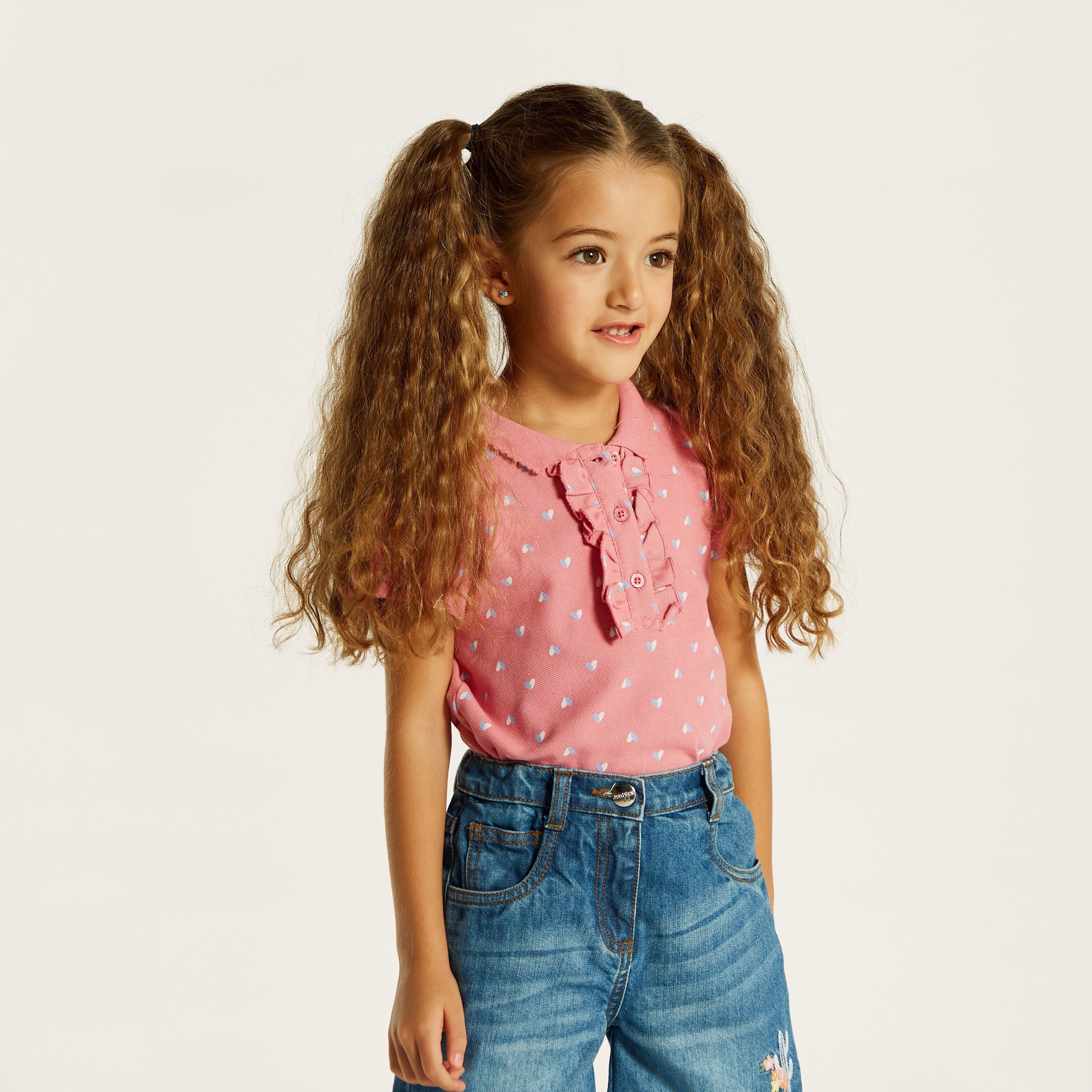 Juniors Heart Print Polo T-shirt with Short Sleeves and Ruffle Detail-girls-clothing-tshirts-image-2