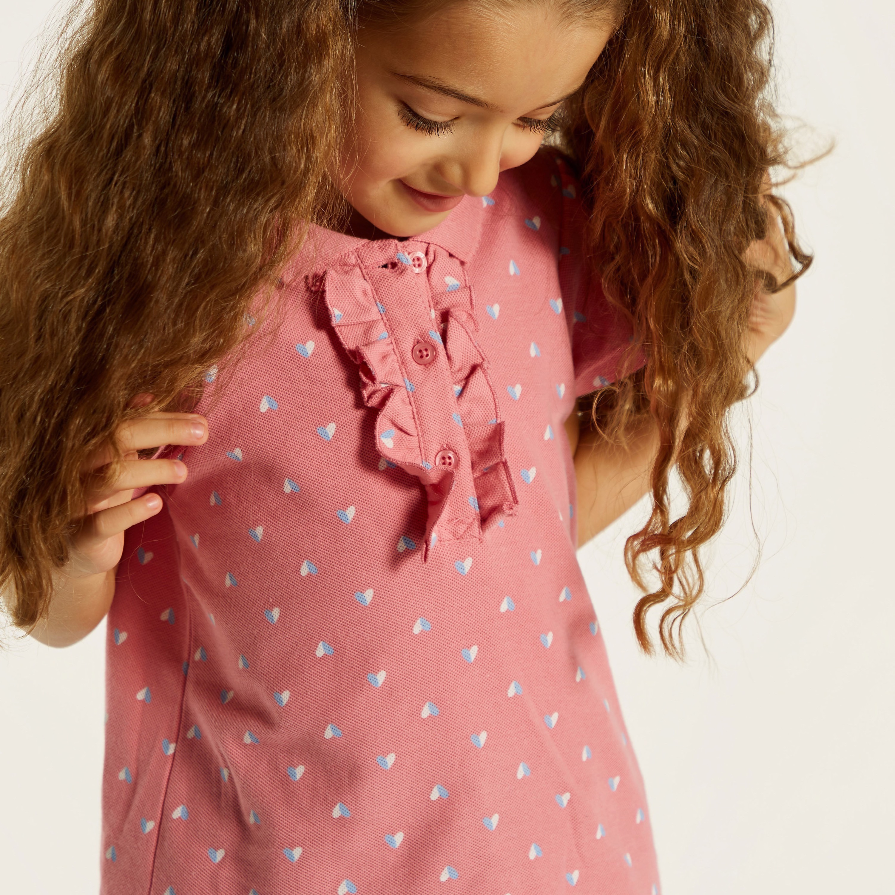 Juniors Heart Print Polo T-shirt with Short Sleeves and Ruffle Detail-girls-clothing-tshirts-image-3