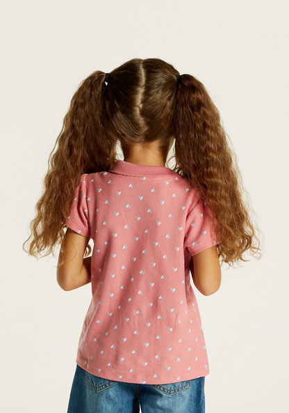 Juniors Heart Print Polo T-shirt with Short Sleeves and Ruffle Detail