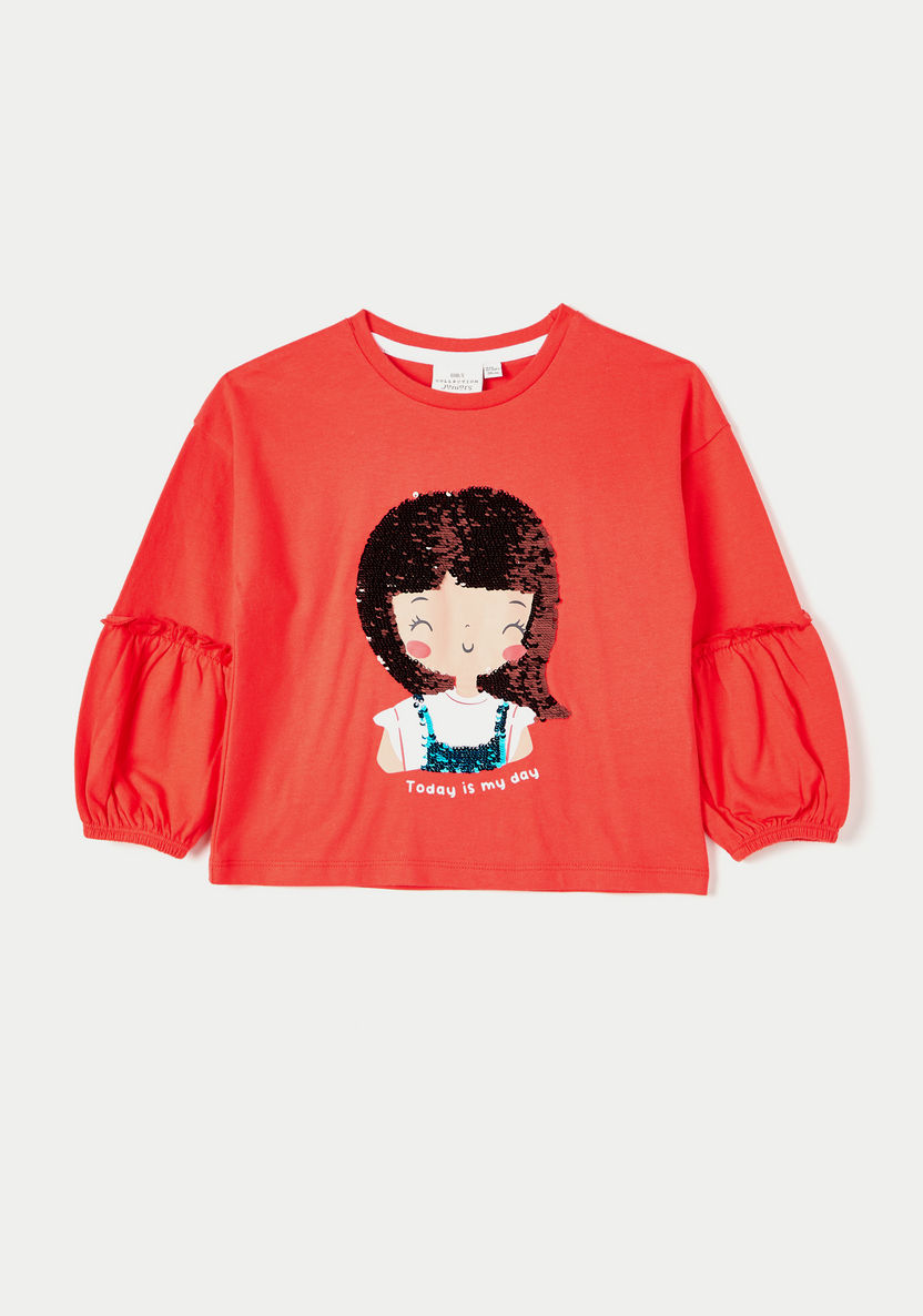 Juniors Sequin Embellished Crew Neck T-shirt with Long Sleeves-T Shirts-image-0