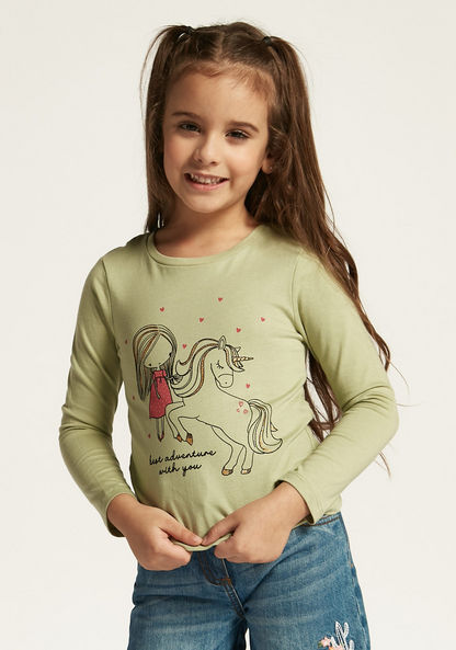 Juniors Unicorn Print T-shirt with Round Neck and Long Sleeves
