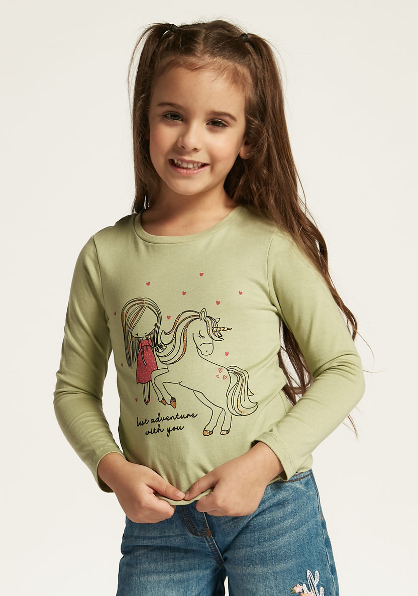 Juniors Unicorn Print T-shirt with Round Neck and Long Sleeves-T Shirts-image-0