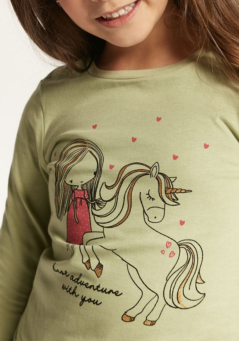 Juniors Unicorn Print T-shirt with Round Neck and Long Sleeves-T Shirts-image-2