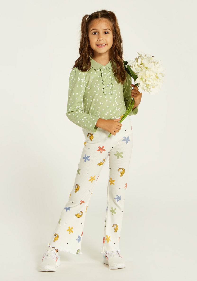 Juniors Floral Print Polo T-shirt with Long Sleeves and Ruffle Detail-T Shirts-image-0