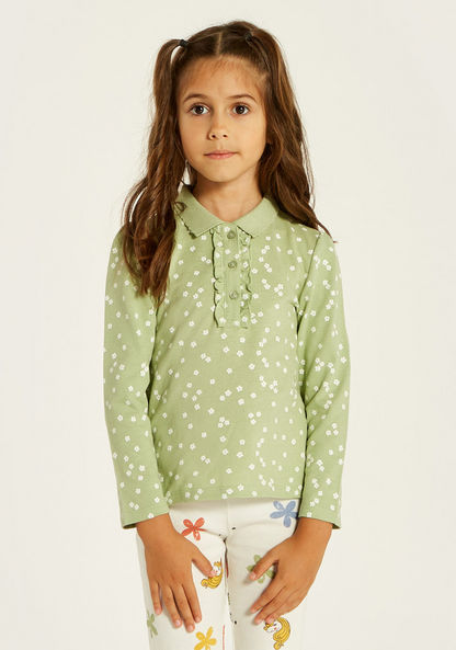 Juniors Floral Print Polo T-shirt with Long Sleeves and Ruffle Detail
