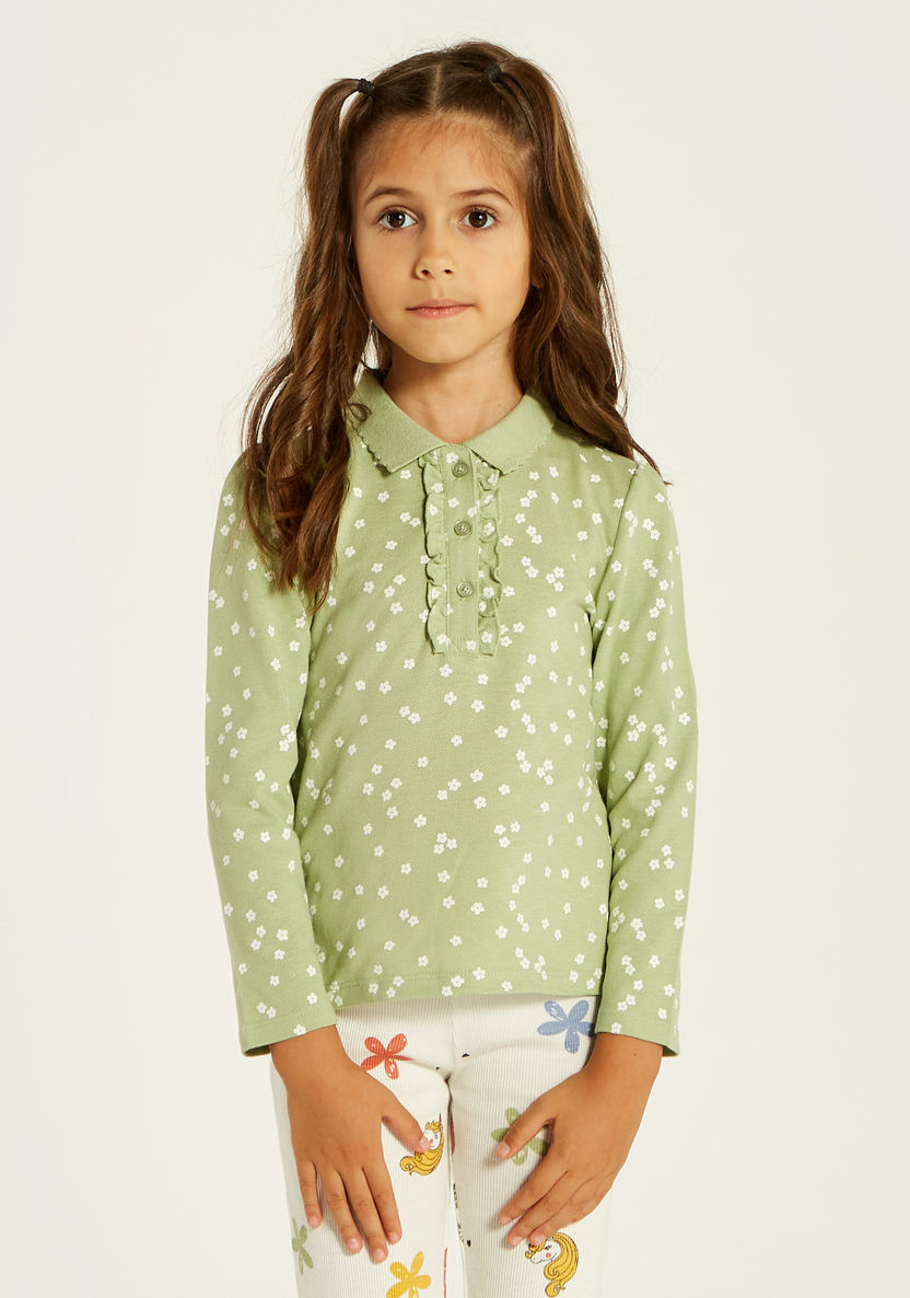 Juniors Floral Print Polo T-shirt with Long Sleeves and Ruffle Detail-T Shirts-image-1