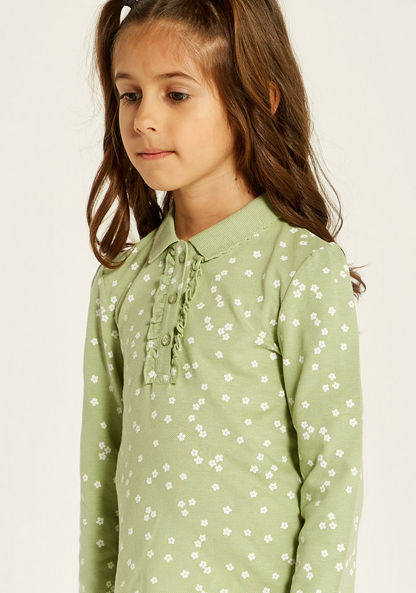 Juniors Floral Print Polo T-shirt with Long Sleeves and Ruffle Detail
