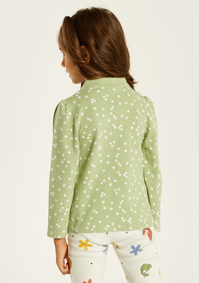 Juniors Floral Print Polo T-shirt with Long Sleeves and Ruffle Detail-T Shirts-image-3
