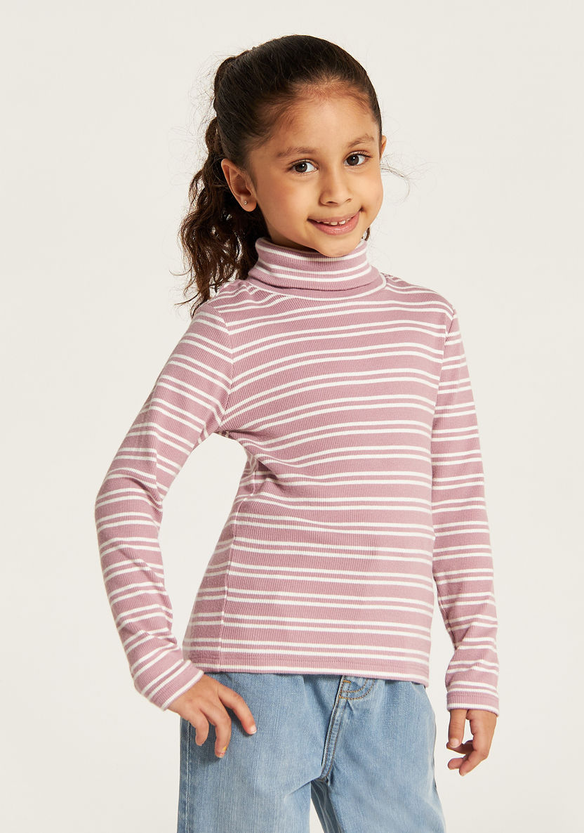 Juniors Striped Turtle Neck T-shirt with Long Sleeves-T Shirts-image-1