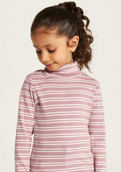 Juniors Striped Turtle Neck T-shirt with Long Sleeves-T Shirts-image-2