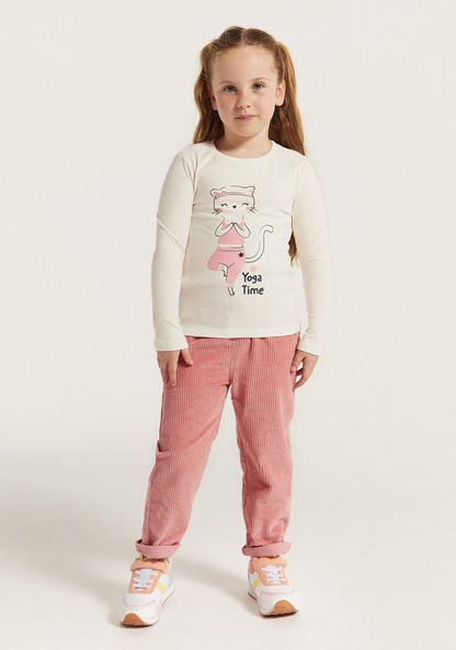 Juniors Cat Print T-shirt with Round Neck and Long Sleeves-T Shirts-image-0