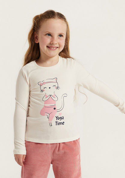 Juniors Cat Print T-shirt with Round Neck and Long Sleeves-T Shirts-image-1