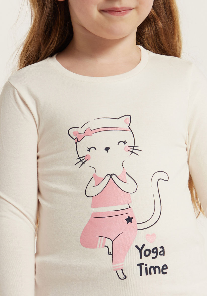 Juniors Cat Print T-shirt with Round Neck and Long Sleeves-T Shirts-image-2