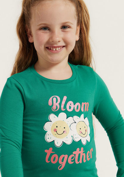 Juniors Floral Print T-shirt with Round Neck and Long Sleeves-T Shirts-image-2