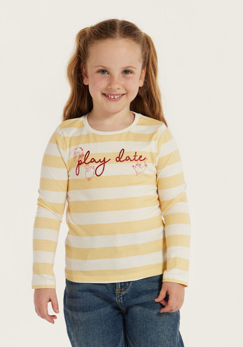 Juniors Striped T-shirt with Round Neck and Long Sleeves-T Shirts-image-1