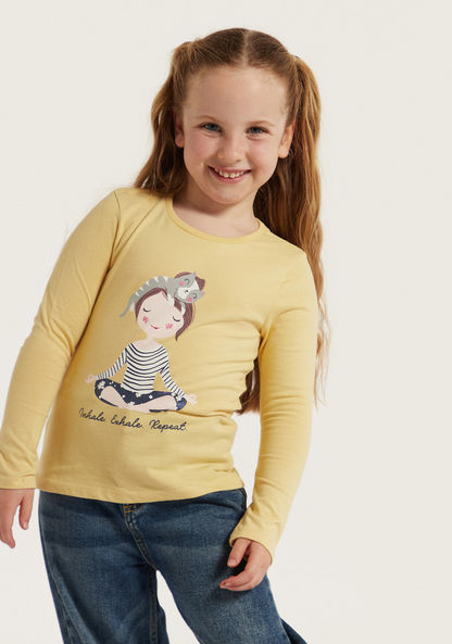 Juniors Graphic Print T-shirt with Round Neck and Long Sleeves-T Shirts-image-1