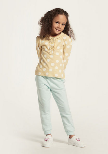 Juniors Polka Dot Print Polo T-shirt with Long Sleeves and Ruffle Detail-T Shirts-image-0