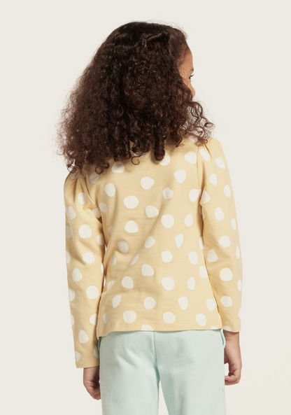 Juniors Polka Dot Print Polo T-shirt with Long Sleeves and Ruffle Detail-T Shirts-image-3