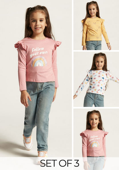 Juniors Printed Long Sleeves T-shirt with Frill Detail - Set of 3