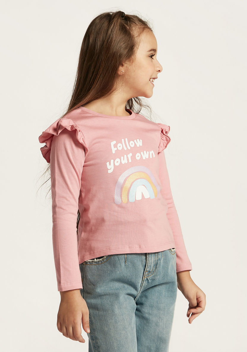 Juniors Printed Long Sleeves T-shirt with Frill Detail - Set of 3-T Shirts-image-1