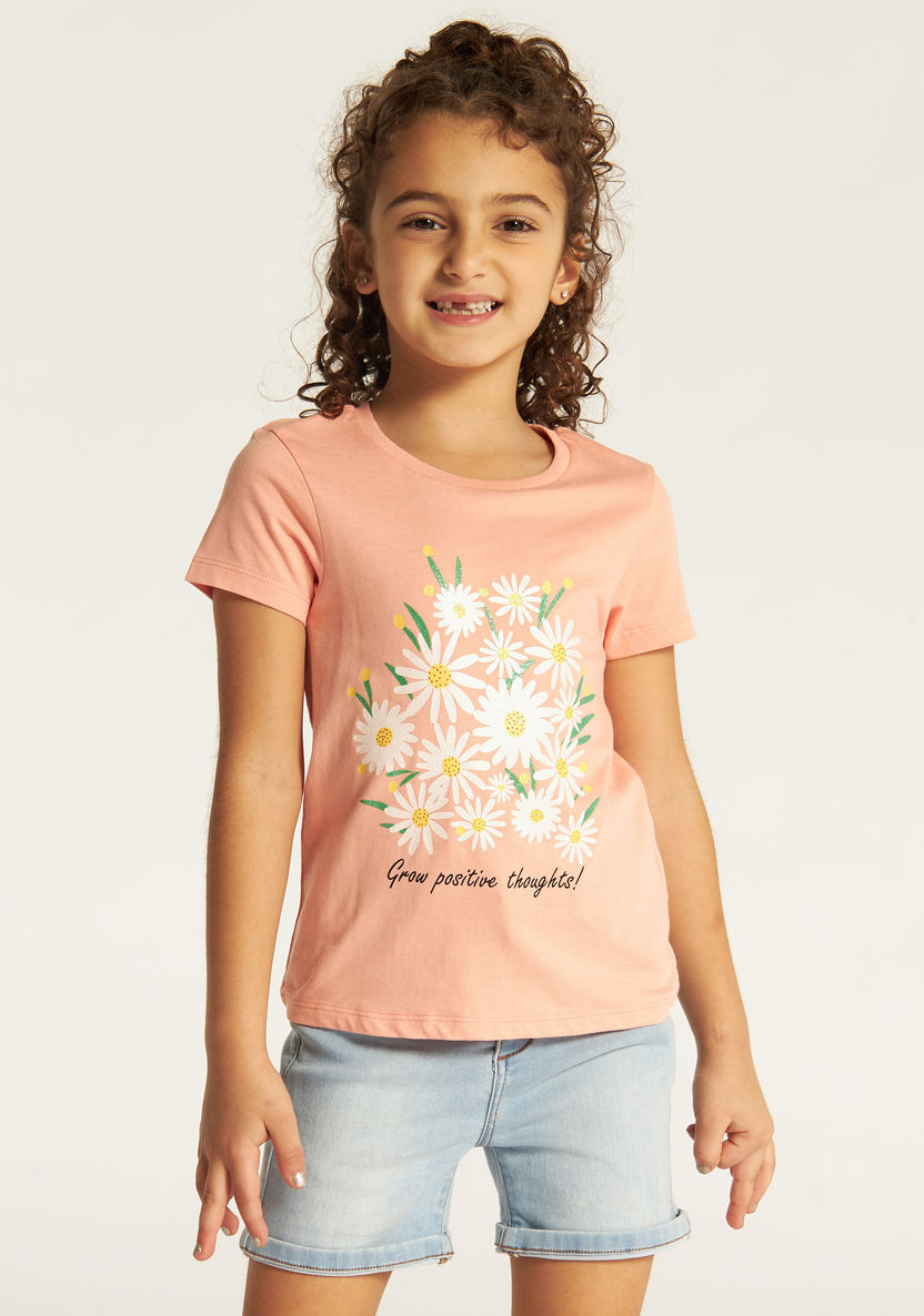 Juniors Floral Print Round Neck T-shirt with Short Sleeves-T Shirts-image-1