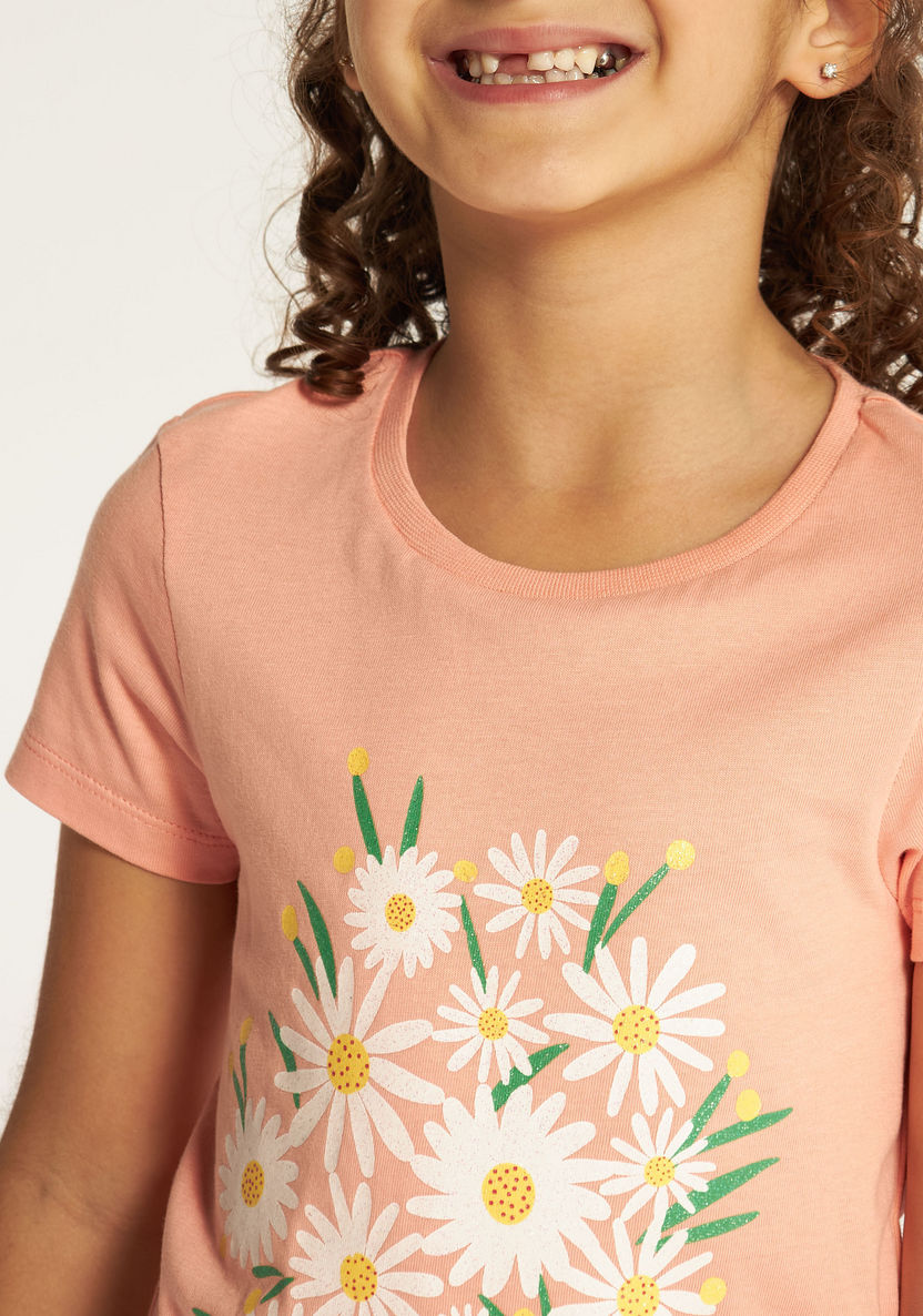 Juniors Floral Print Round Neck T-shirt with Short Sleeves-T Shirts-image-2