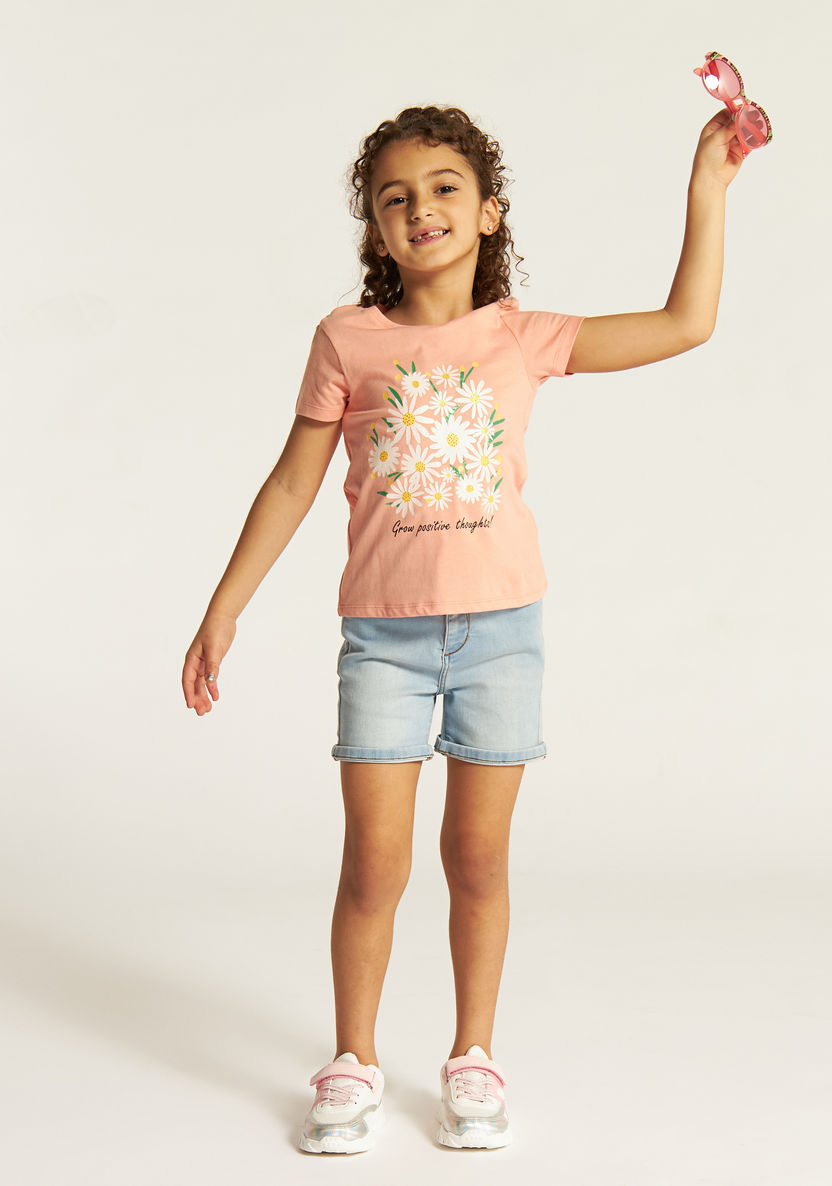 Juniors Floral Print Round Neck T-shirt with Short Sleeves-T Shirts-image-4