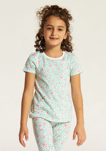 Juniors Floral Print T-shirt with Round Neck and Short Sleeves