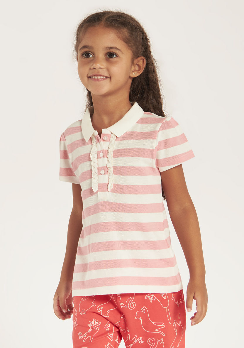 Juniors Striped Polo T-shirt with Short Sleeves and Ruffle Detail-T Shirts-image-1