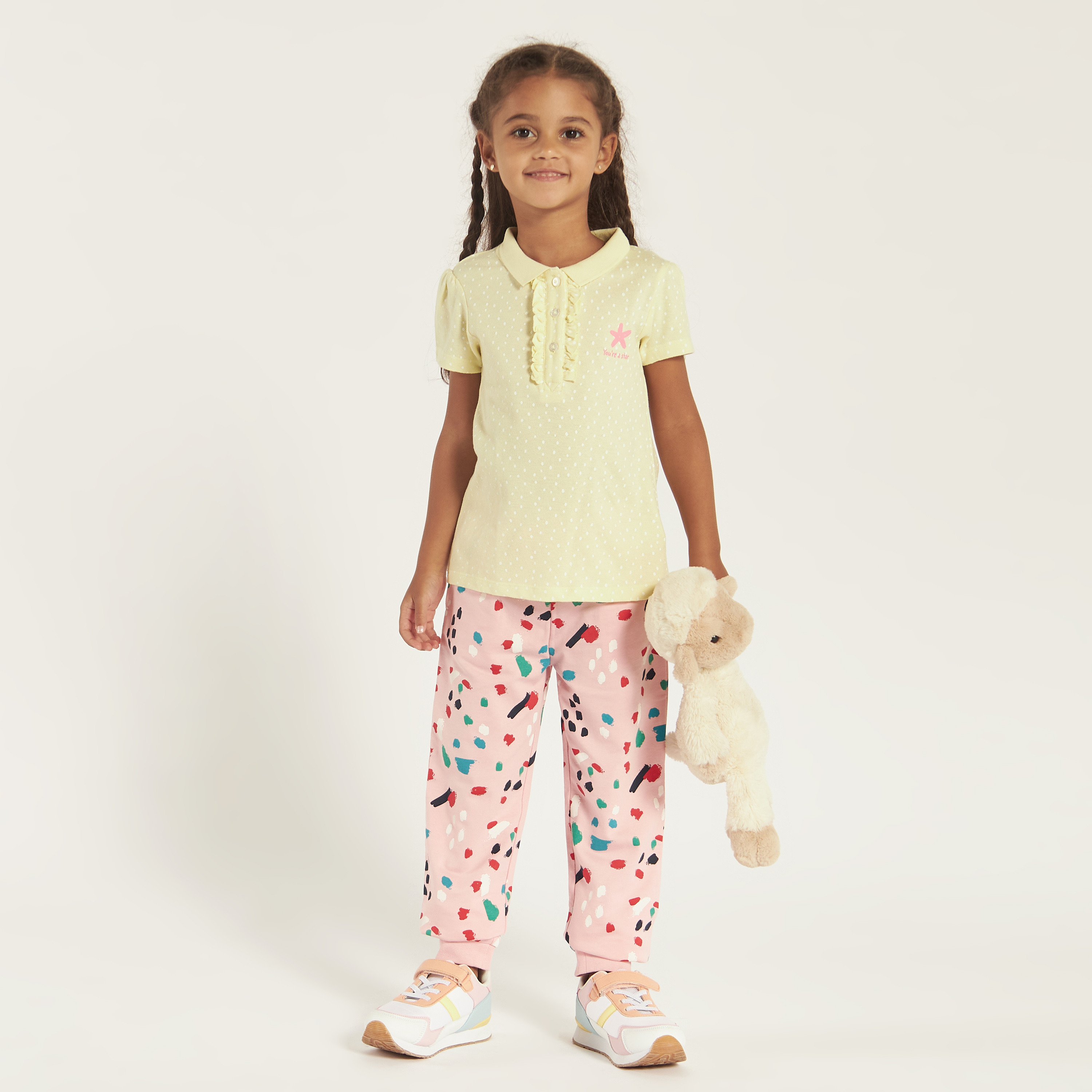 Juniors Printed Polo T-shirt with Short Sleeves and Ruffle Detail-girls-clothing-tshirts-image-1