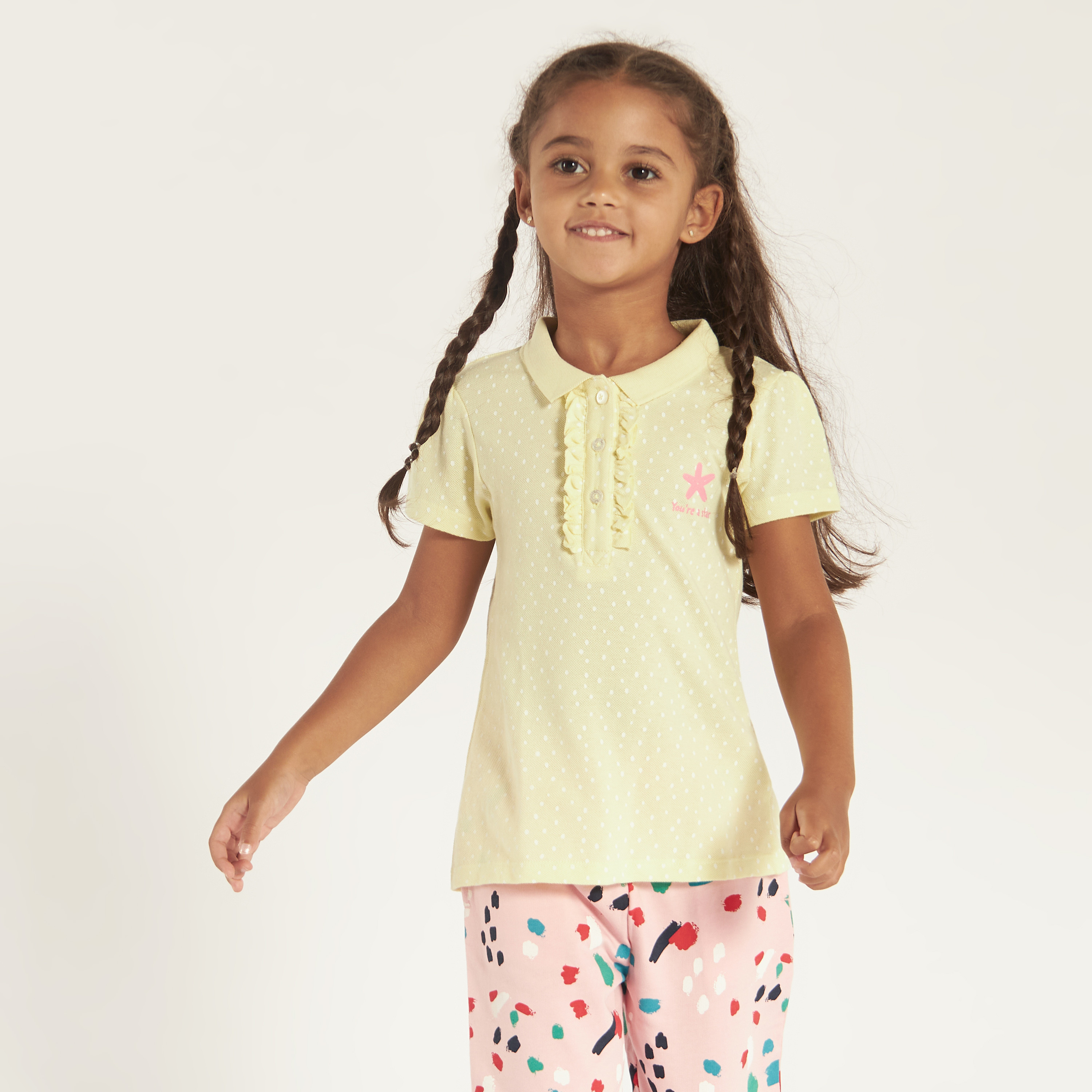 Juniors Printed Polo T-shirt with Short Sleeves and Ruffle Detail-girls-clothing-tshirts-image-2