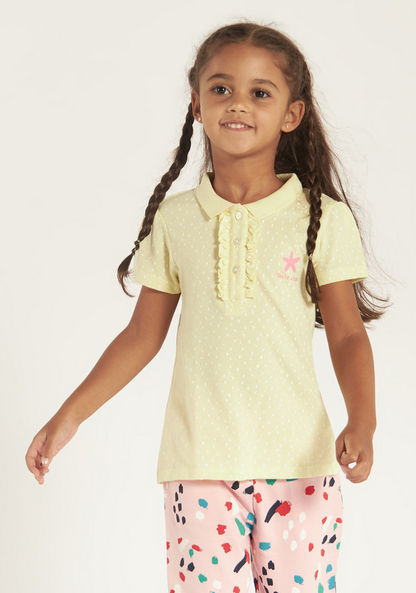 Juniors Printed Polo T-shirt with Short Sleeves and Ruffle Detail