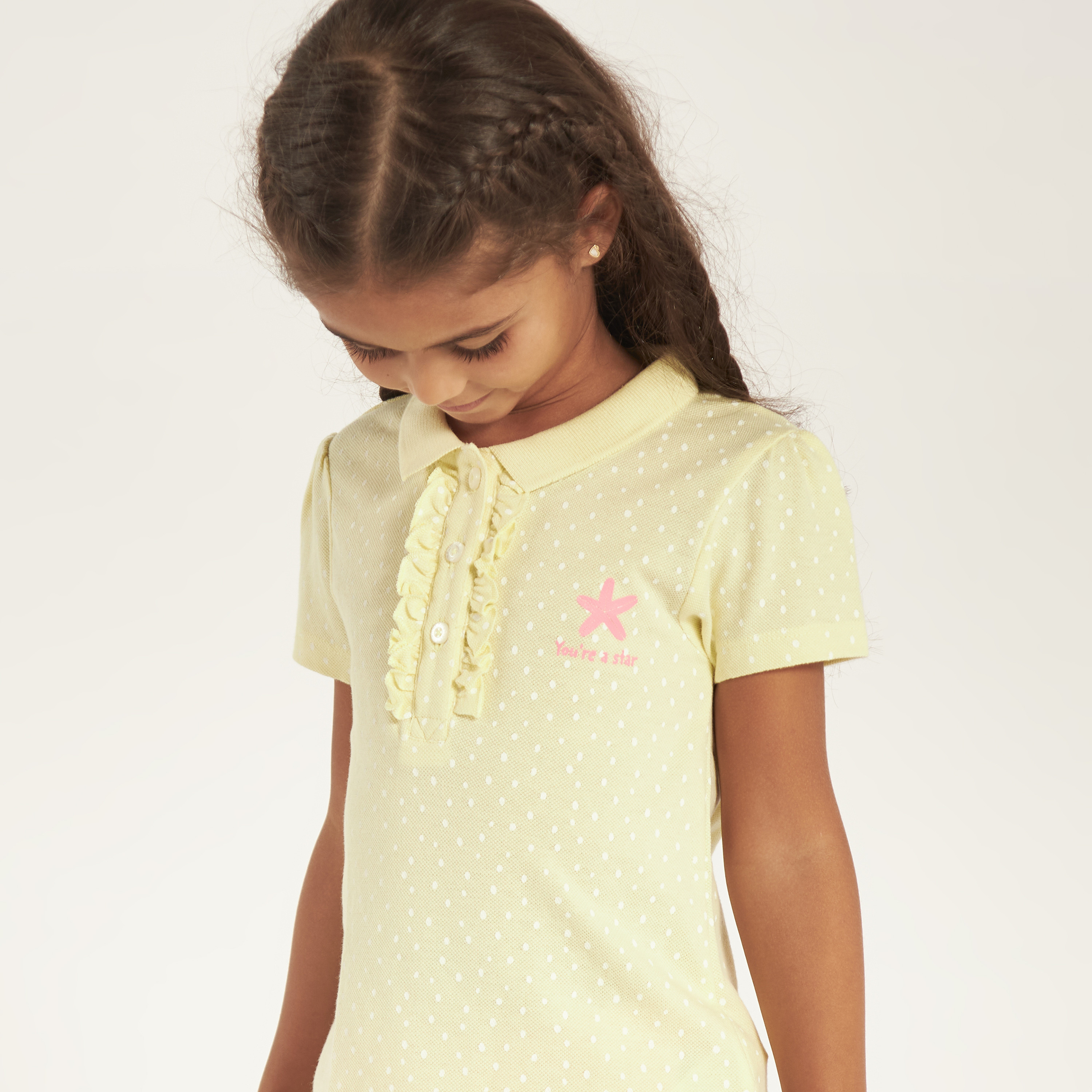 Juniors Printed Polo T-shirt with Short Sleeves and Ruffle Detail-girls-clothing-tshirts-image-3