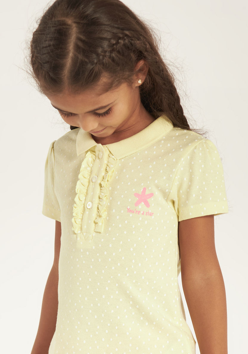 Juniors Printed Polo T-shirt with Short Sleeves and Ruffle Detail-T Shirts-image-2