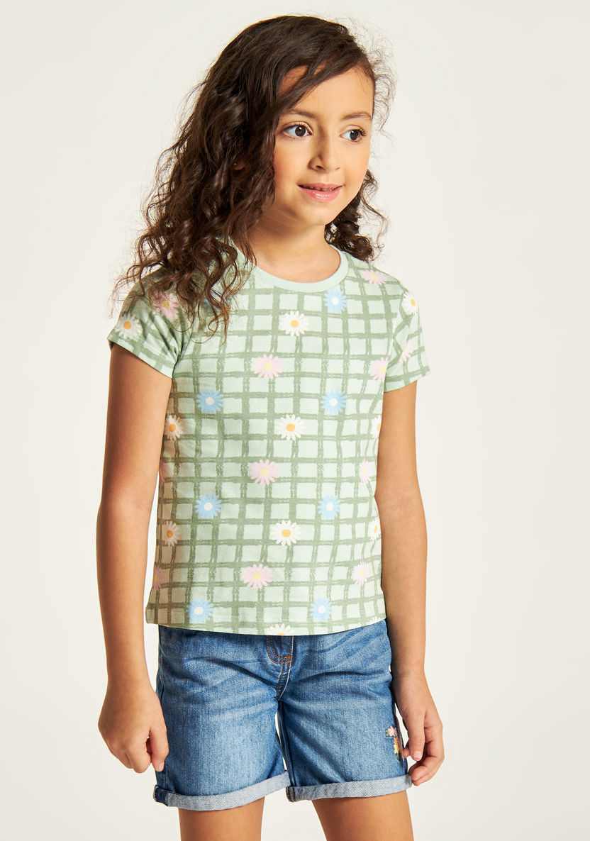 Juniors Floral Print T-shirt with Round Neck and Short Sleeves-T Shirts-image-1