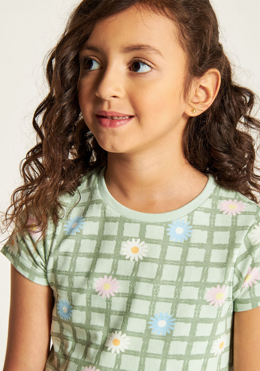 Juniors Floral Print T-shirt with Round Neck and Short Sleeves-T Shirts-image-2