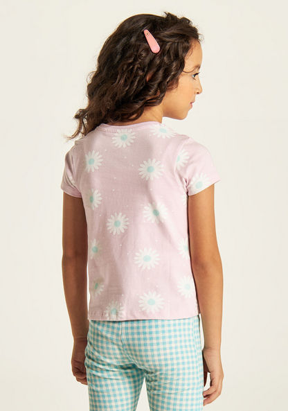 Juniors Floral Print T-shirt with Round Neck and Short Sleeves-T Shirts-image-3