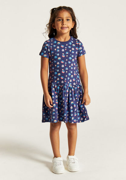 Juniors All Over Floral Print A-line Dress with Short Sleeves