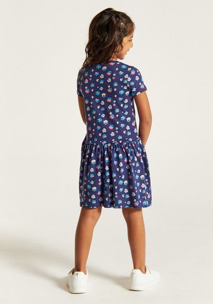 Juniors All Over Floral Print A-line Dress with Short Sleeves
