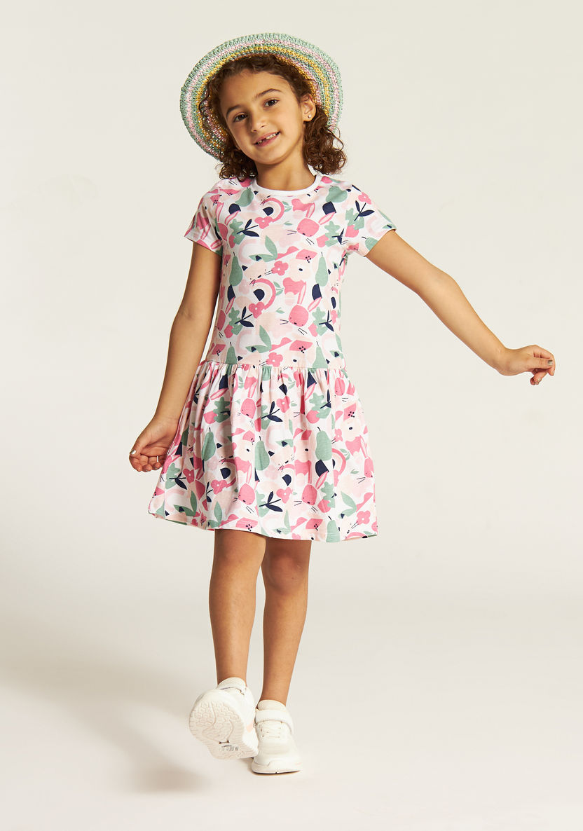 Juniors Printed Drop Waist Dress with Short Sleeves-Dresses, Gowns & Frocks-image-0