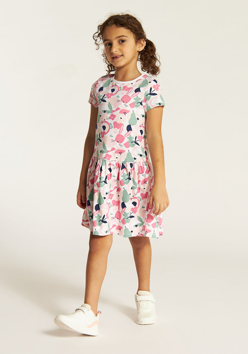 Juniors Printed Drop Waist Dress with Short Sleeves-Dresses, Gowns & Frocks-image-1