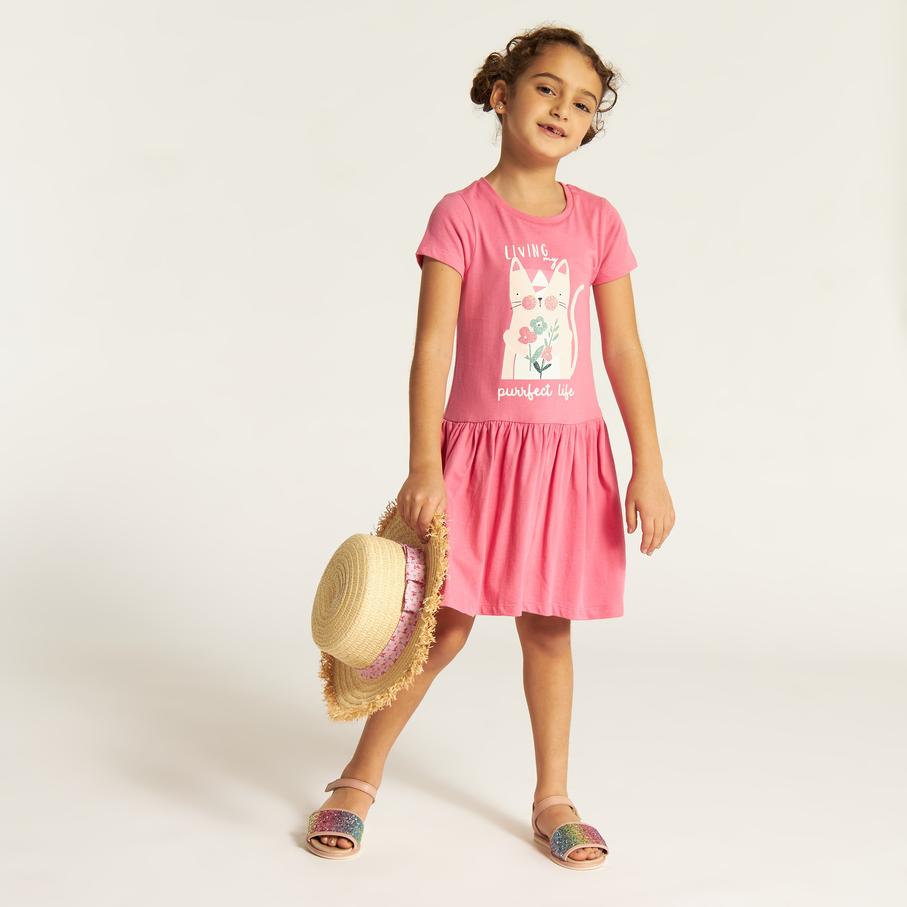 Juniors Printed Round Neck Drop Waist Dress with Short Sleeves-girls-clothing-dressesandjumpsuits-image-1