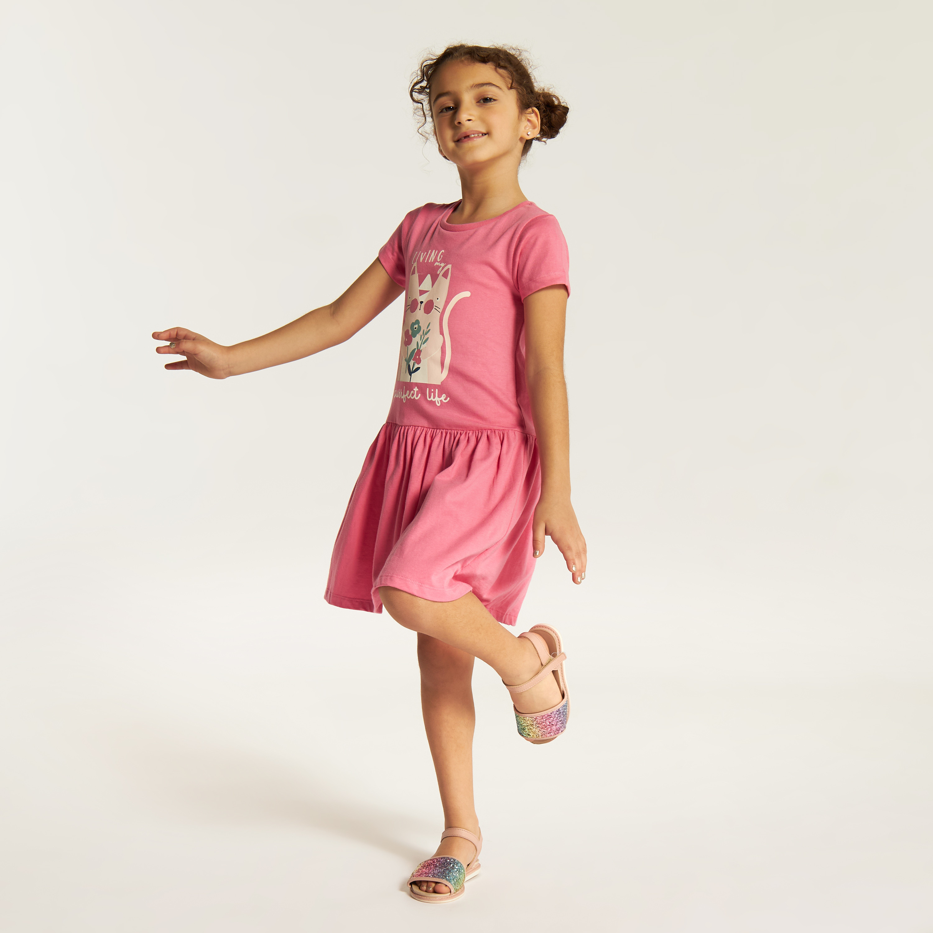 Juniors Printed Round Neck Drop Waist Dress with Short Sleeves-girls-clothing-dressesandjumpsuits-image-2