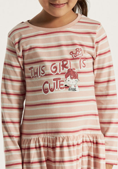 Juniors Striped Dress with Round Neck and Long Sleeves