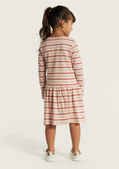 Juniors Striped Dress with Round Neck and Long Sleeves