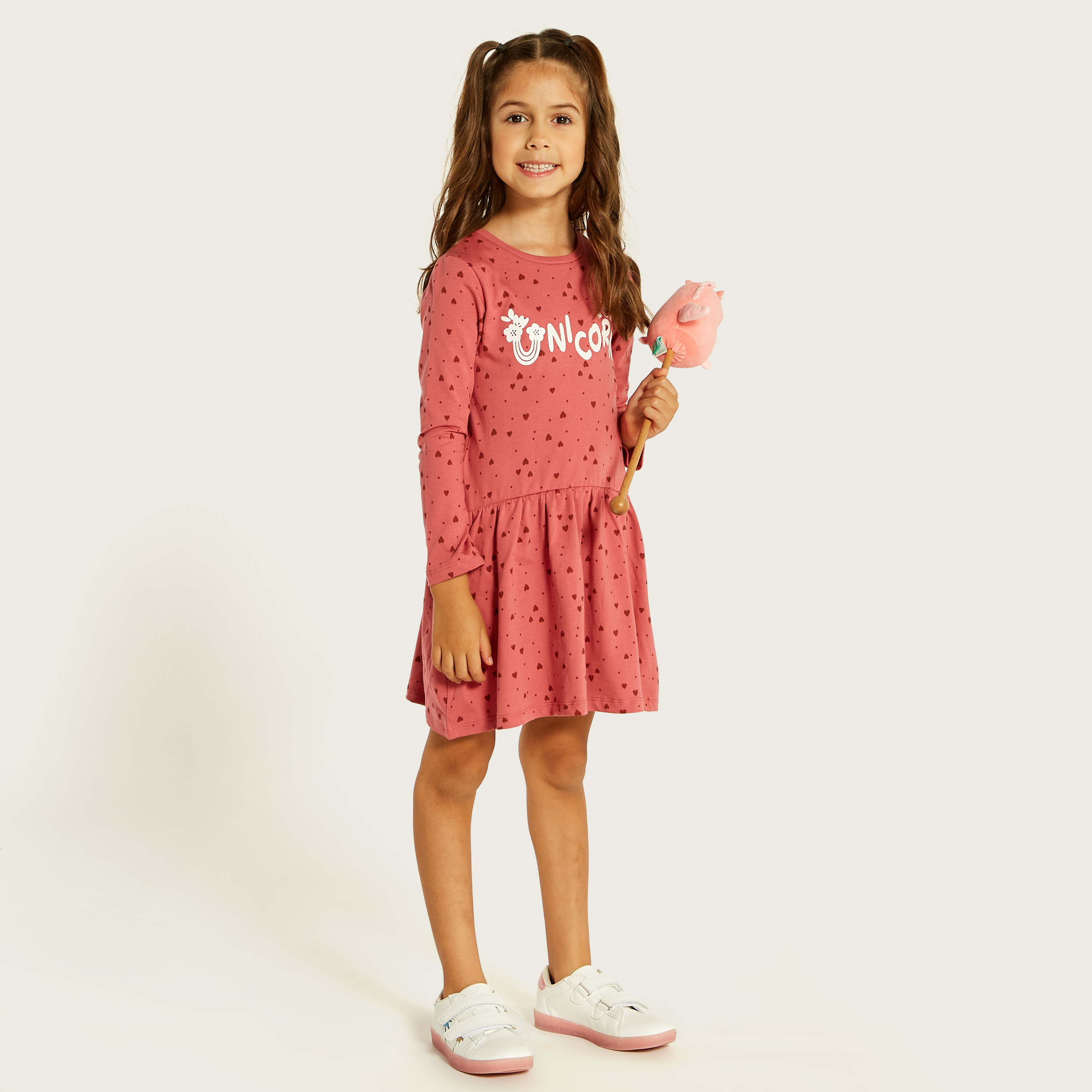 Juniors Heart Print Dress with Round Neck and Long Sleeves-girls-clothing-dressesandjumpsuits-image-1